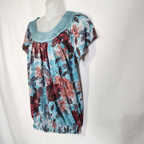 American Rag Cie Women Blouse Top Small Multi Floral Elastic Hem Pullover Keyhol - Picture 5 of 10